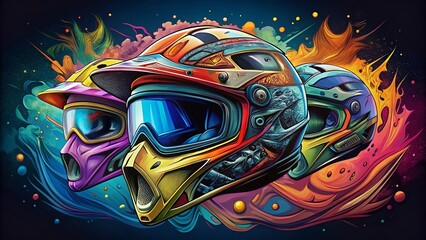 Naklejka premium Surreal Collection of Hand-Drawn Scribbles Featuring Motocross Helmets: Open Face, Full Face, and More - Unique Vector Illustrations for Creative Projects
