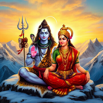 Peaceful portrayal of Shiva and Parvati in the mountains, symbolizing the harmonious balance between masculine and feminine energies