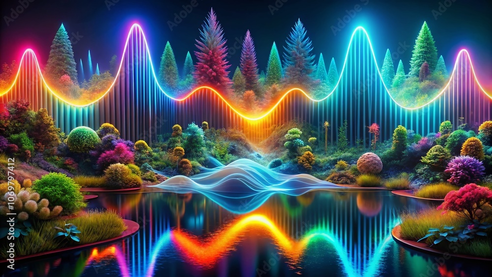 Poster surreal digital audio spectrum wave effect captured in a vivid abstract landscape merging sound and 