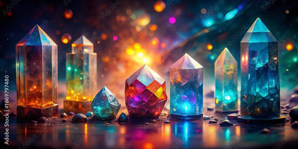 Poster surreal display of unique crystals on a table: a captivating arrangement of six distinctly shaped ge