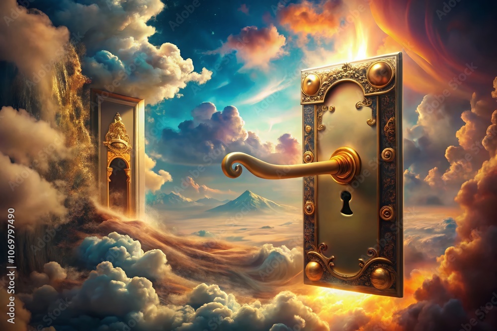 Poster surreal door handle with blank card surrounded by dreamlike elements, inviting imagination and intri