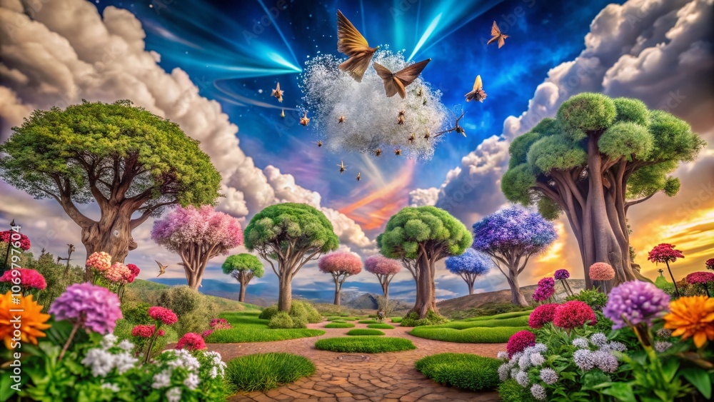 Poster surreal dreamscape: a whimsical journey through an enchanted forest with floating objects, mystical 
