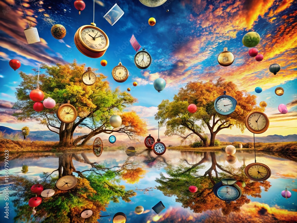Poster surreal dreamscape: a whimsical journey through an upside-down world filled with floating objects an