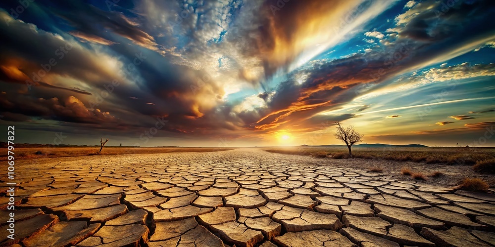 Poster surreal dried field landscape with distorted horizons and ethereal sky, featuring unique textures an