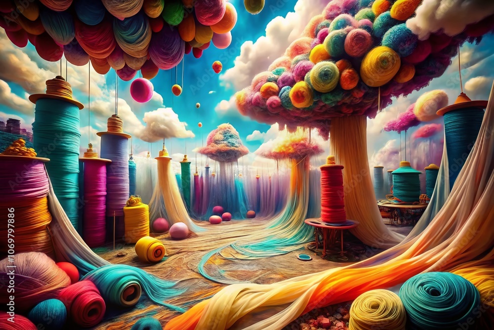 Poster surreal exploration of colorful sewing threads intertwined in a dreamlike landscape with floating fa
