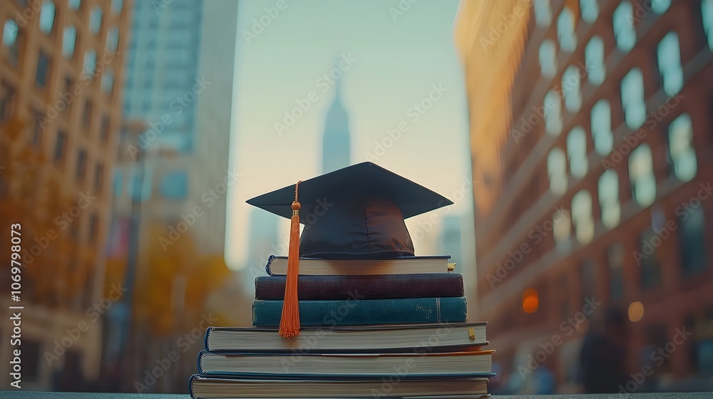 Aufkleber close up view of a graduation cap resting atop a stack of textbooks with a blurred university buildi