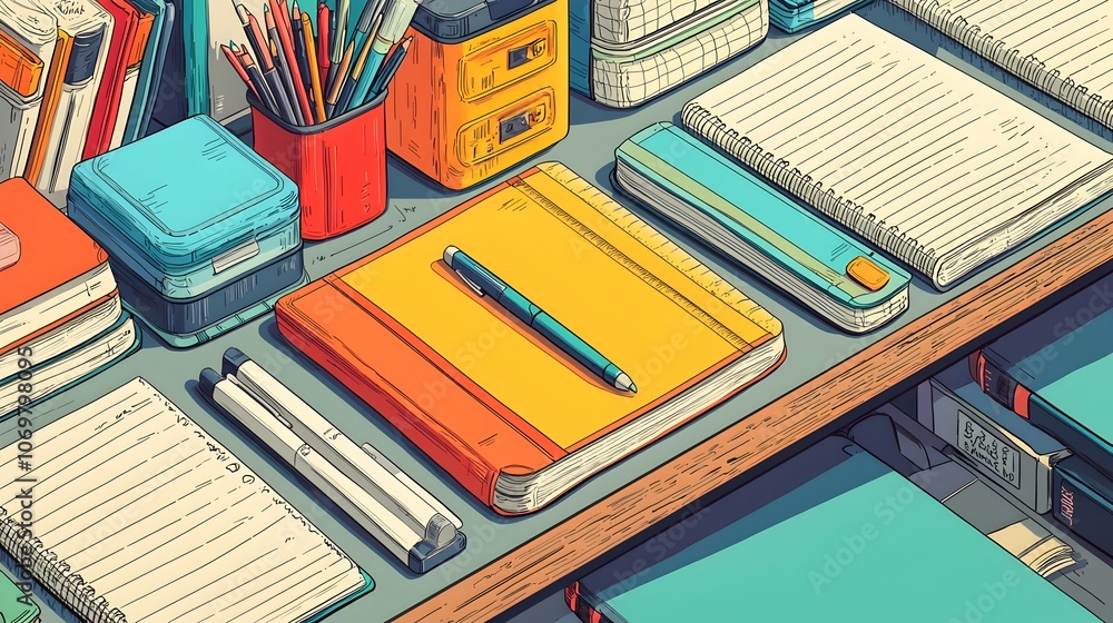 Poster close up view of a desk filled with a variety of educational tools and stationery items including co