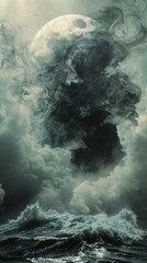 Dark Clouds and a Moon Over a Stormy Sea: A Surreal Landscape