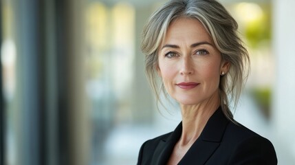 Fototapeta premium Professional woman headshot, middle-aged, wearing formal business attire, confident look
