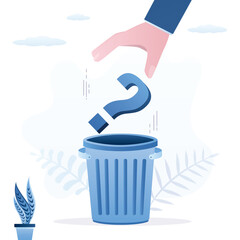 Solution, overcoming obstacles, solving a problem and questions. Frequently asked questions or FAQ and help center. Human hand throws question mark in trash can.