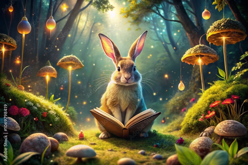 Aufkleber surreal imagery of a rabbit holding a book in a whimsical forest setting with dreamy lighting and fl