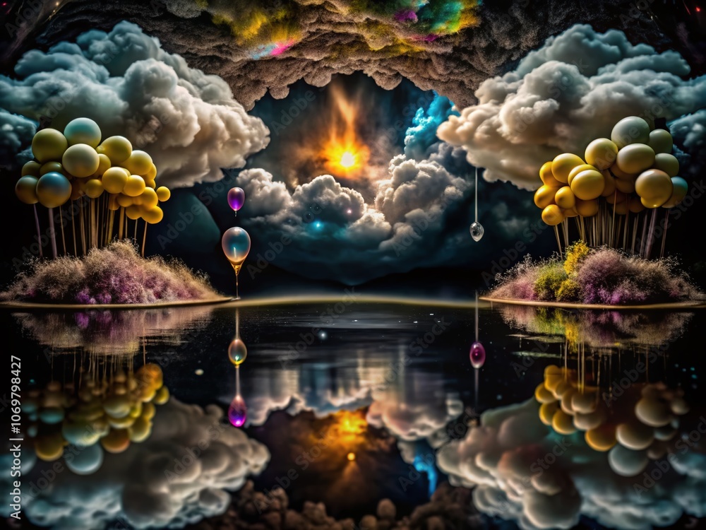 Poster surreal imagery of cloudy urine in abstract forms and colors captured in a dreamlike landscape with 