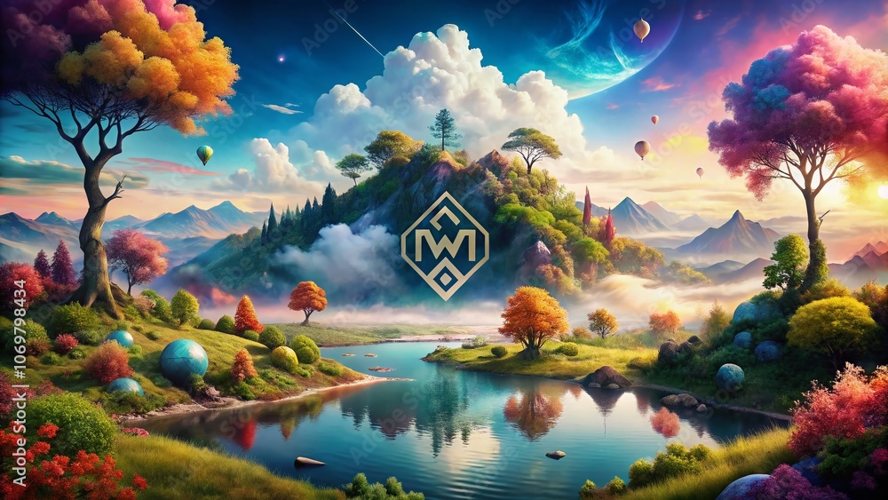 Poster surreal interpretation of a wtt monogram logo blending nature and geometry in a dreamlike landscape 