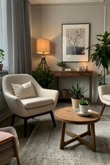 A cozy therapy room with soft lighting, comfortable chairs, a small table with a notebook, some plants, and a calm ambiance, conveying a safe space for psychological support and therapy