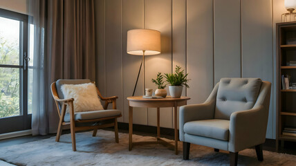 A cozy therapy room with soft lighting, comfortable chairs, a small table with a notebook, some plants, and a calm ambiance, conveying a safe space for psychological support and therapy