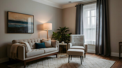 Fototapeta premium A cozy therapy room with soft lighting, comfortable chairs, a small table with a notebook, some plants, and a calm ambiance, conveying a safe space for psychological support and therapy