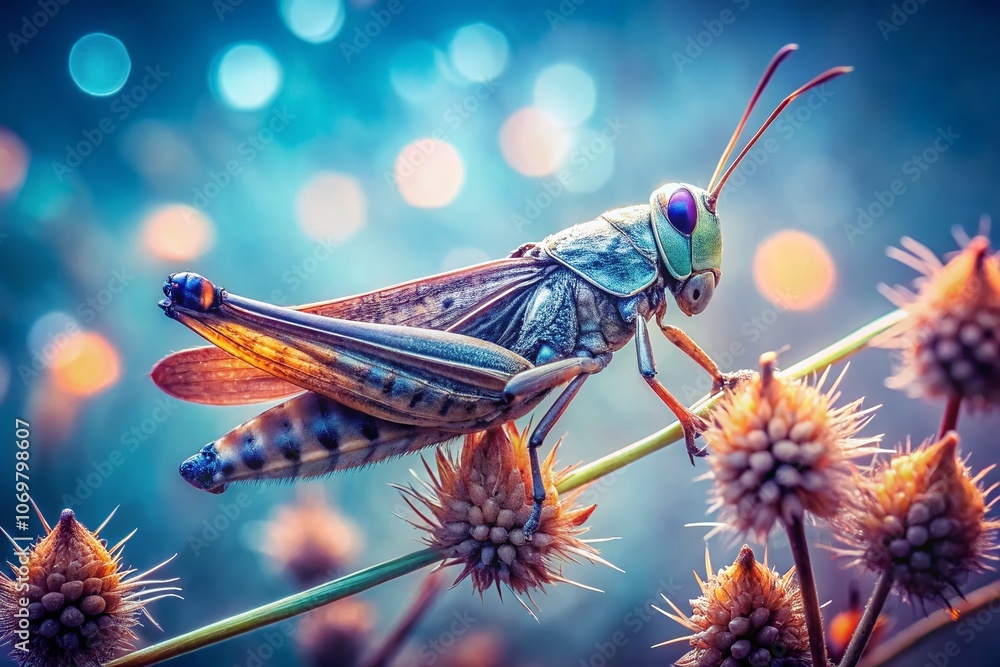 Poster surreal macro photography of a grasshopper on a dry stem, capturing the intricate details and textur