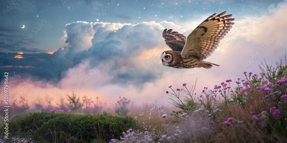 Poster surreal marsh owl in a dreamlike landscape with floating clouds and enchanted colors, merging nature