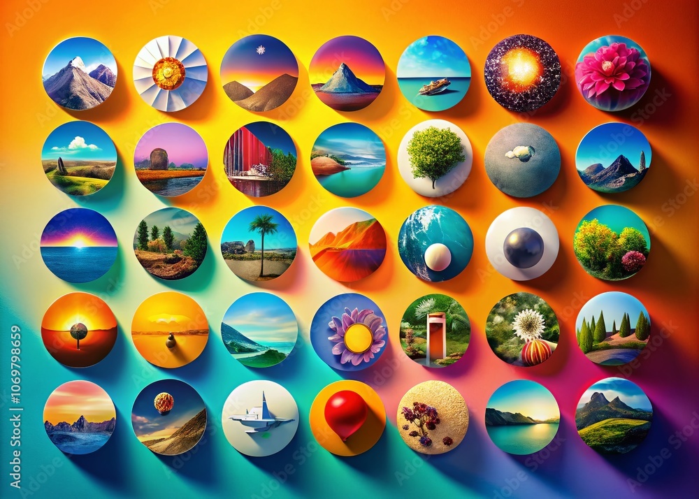 Poster surreal mega pack icon set bundle with circular long shadows and abstract designs for modern digital