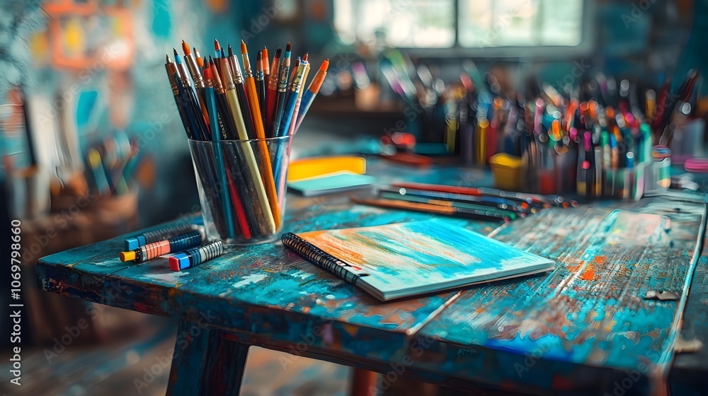 Poster closeup image of a vibrant cluttered desk featuring an array of colorful educational tools and suppl