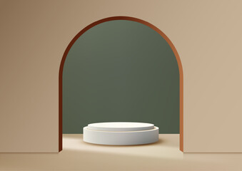 Minimalist 3D Podium with Green Background and Arched Doorway, Elegant Product Display, Mockup, and Showcase