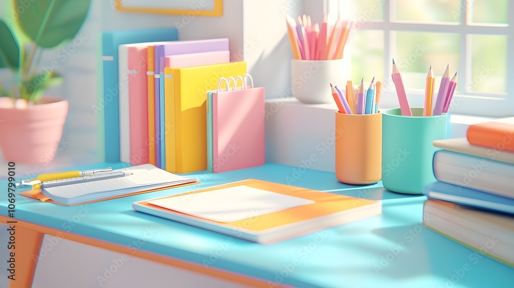 Poster closeup view of a desk covered in various colorful educational tools and stationery including notebo