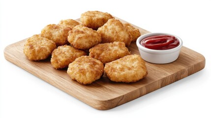 Golden brown chicken nuggets on a wooden board with a small bowl of ketchup; appetizing and inviting