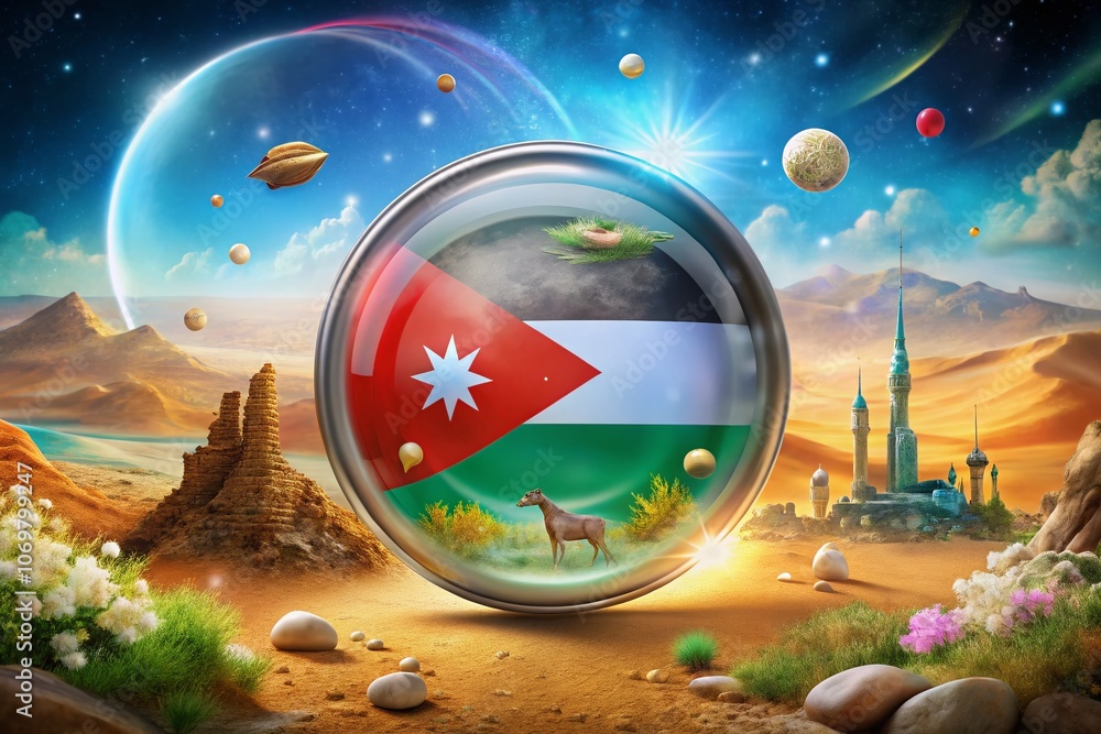 Poster surreal representation of a jordan flag button surrounded by dreamlike elements and vivid colors, bl