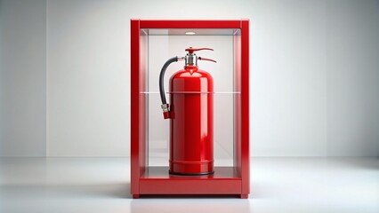 Obraz premium Surreal Representation of a Red Fire Extinguisher in a Red Glass Cabinet for Fire Emergency Preparedness Isolated on a Clean White Background, Emphasizing Safety Equipment and Alertness