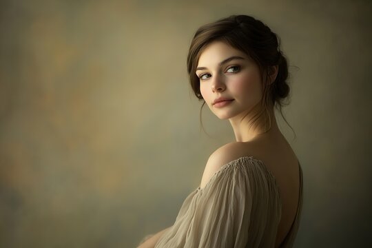 Elegant woman in beige with demure expression