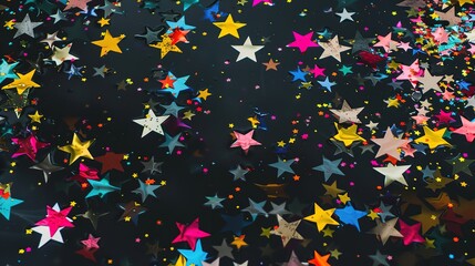 Fototapeta premium Colorful Stars Falling on Black Background - a vibrant and enchanting visual. The image features a cascade of colorful stars against a dark backdrop, creating a magical and festive atmosphere.