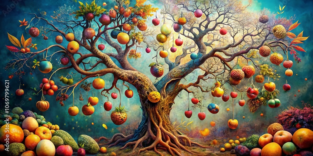 Poster surreal stencil art of fruits hanging from gnarled branches of an ancient tree, merging nature with 