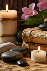 A close-up of lit candles, dried flowers, and essential oils on a bamboo mat, creating a tranquil and relaxing spa atmosphere