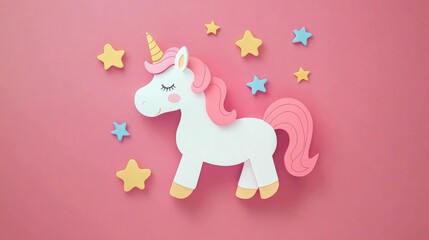 Cute Unicorn with Stars on Pink Background Fantasy Childrens Illustration