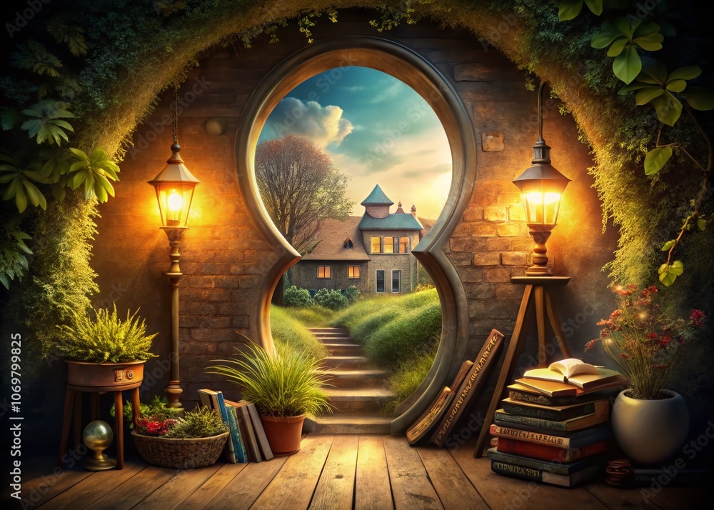 Poster surreal view of a cozy home through a keyhole, inviting warmth and imagination in a dreamlike atmosp