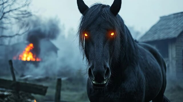 a devilish black horse with glowing eyes walking at burnt village with smoke and fire	
