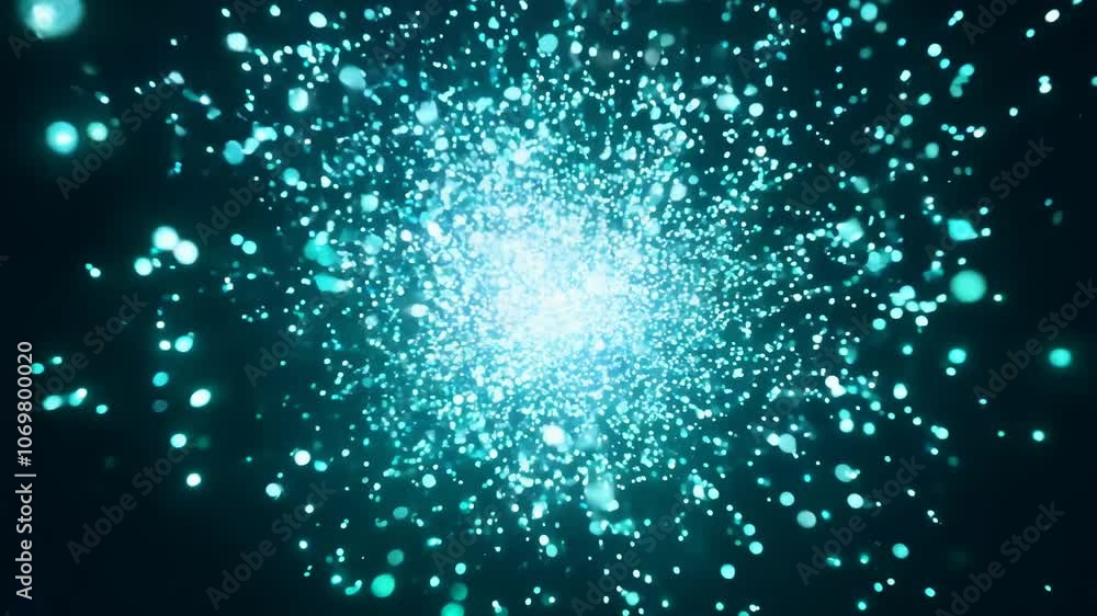 Poster camera pushes in on bioluminescent spores bursting open, creating a mesmerizing cloud of tiny, glowi