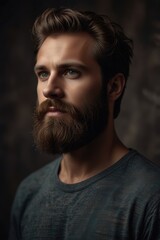 Fototapeta premium portrait of a handsome masculine man with a moustache and a beard and neatly combed hair wearing a neat suit