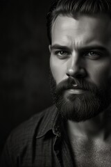 portrait of a handsome masculine man with a moustache and a beard and neatly combed hair wearing a neat suit