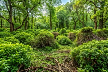 Obraz premium dense tangle of overgrown shrubs and trees in a forest clearing, earthy, nature, natural