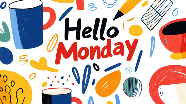 Colorful illustration with Hello Monday text and various doodles
