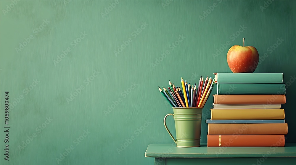 Poster colorful stack of books with an apple resting on top accompanied by a cup filled with assorted color