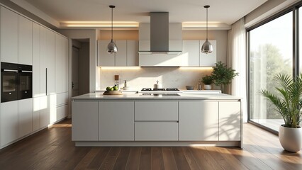 Sleek and Contemporary Kitchen Design with Marble Backsplash and Warm Wood Tones