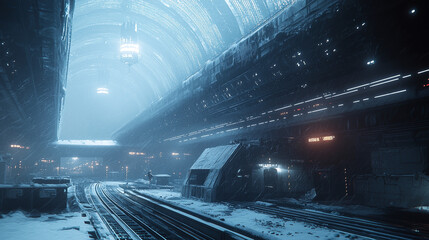 Obraz premium Futuristic underground railway station covered in snow during a heavy storm, with illuminated structures