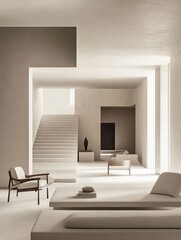 Fototapeta premium A minimalist living room with a palette of white and gray tones, featuring clean-lined furniture and a tidy, organized layout. generative ai