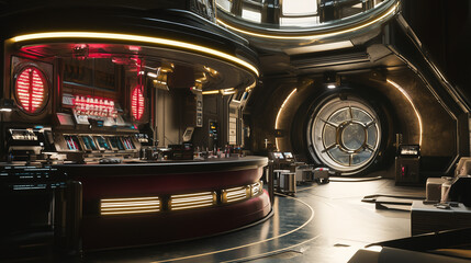 Futuristic space station interior with advanced technology, circular architecture, and ambient lighting