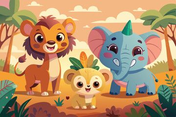 Naklejka premium cute jungle animals in nature scene with greenery