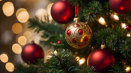 Close-up of a Christmas tree branch adorned with classic red and gold ornaments, twinkling fairy lights, and a touch of glitter, with a soft bokeh effect in the background to emphasize the holiday