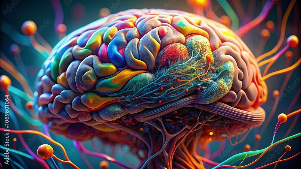 Poster tilt-shift illustration of the human brain with vivid colors and intricate neural pathways, showcasi
