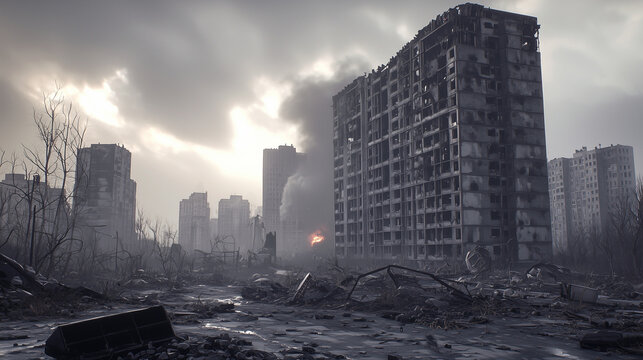 Post-apocalyptic cityscape with ruined buildings, smoke, and dark clouds in a desolate urban environment